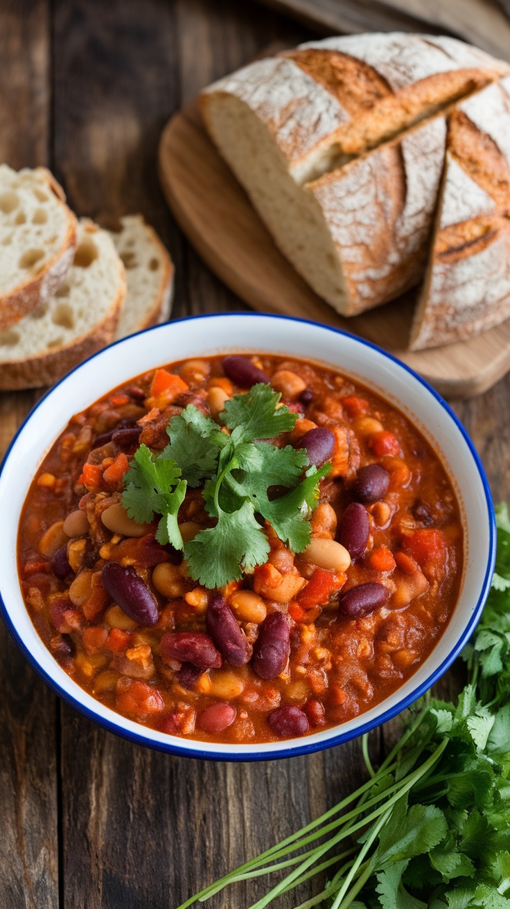 Hearty Vegetarian Chili Sin Carne A bowl of vegetarian chili sin carne with beans and vegetables, garnished with cilantro, accompanied by crusty bread.